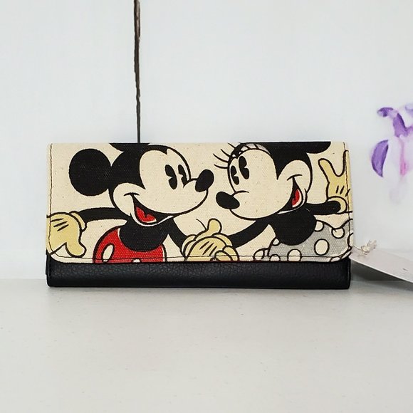 Loungefly Handbags - *SOLD* Disney Loungefly Mickey & Minnie Mouse Canvas Leather Trifold Wallet